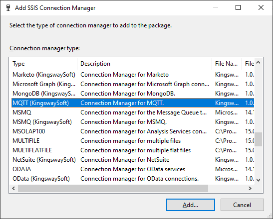 Add SSIS MQTT connection manager